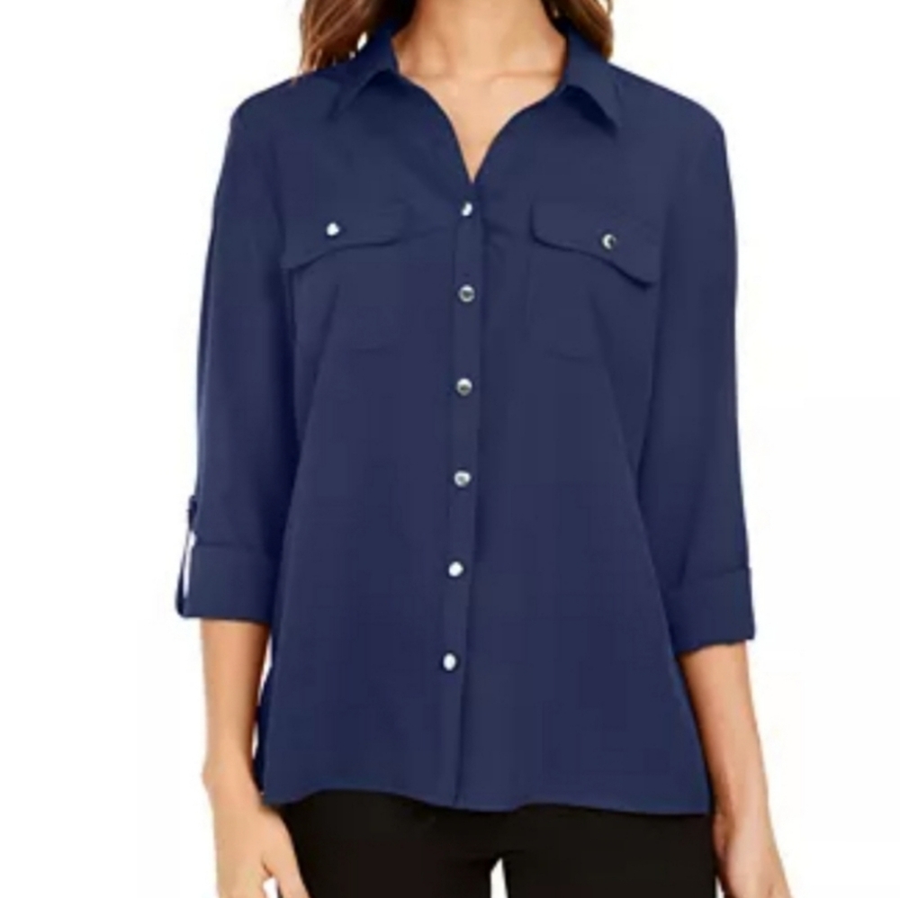 Jones‎ New York split neck roll-tab blouse size S